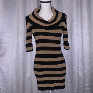 INC Black and Gold Stripes Mini Sweater Dress